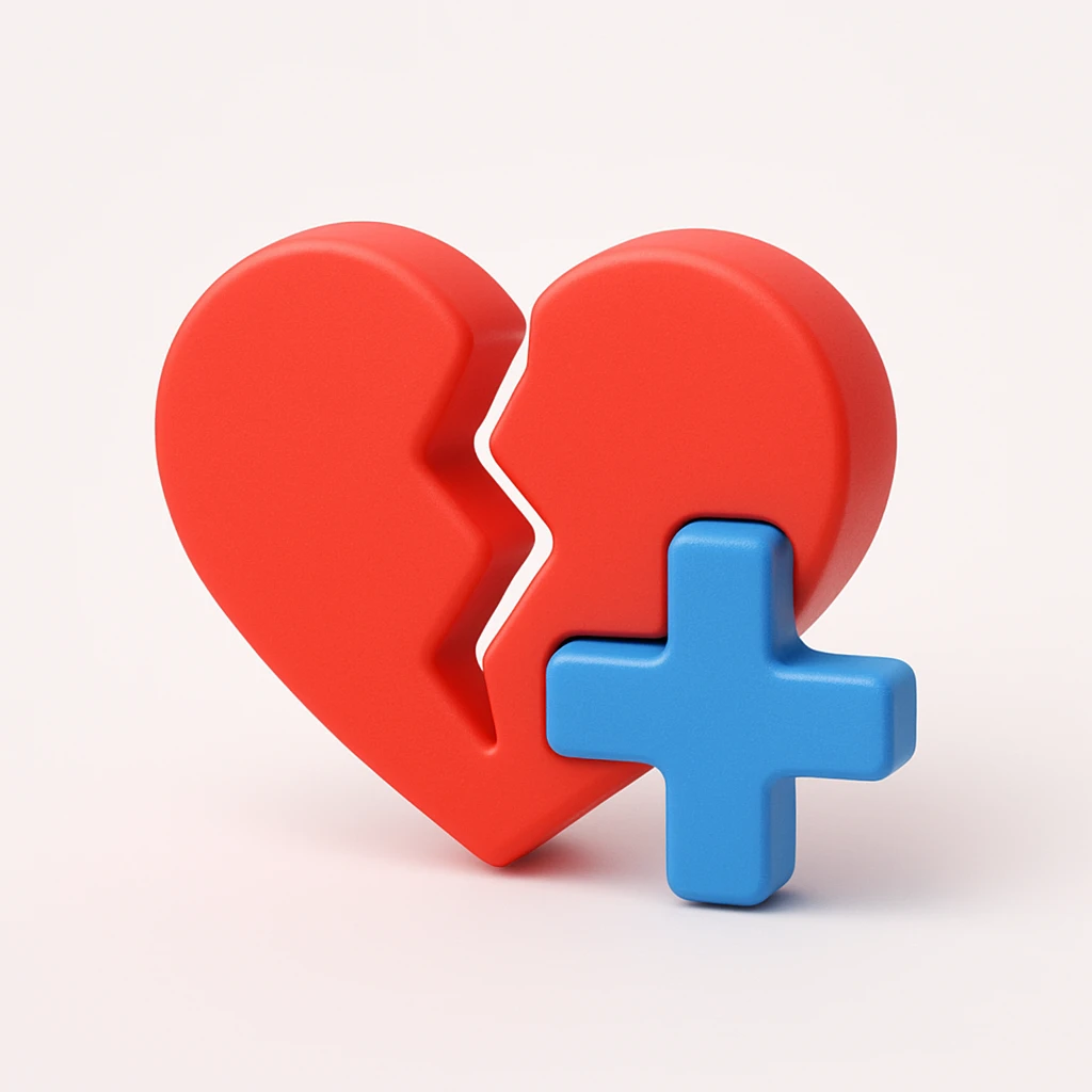 Add a large blue plus sign next to a simple 3D red heart that is broken in half, designed as a Discord role icon. emoji