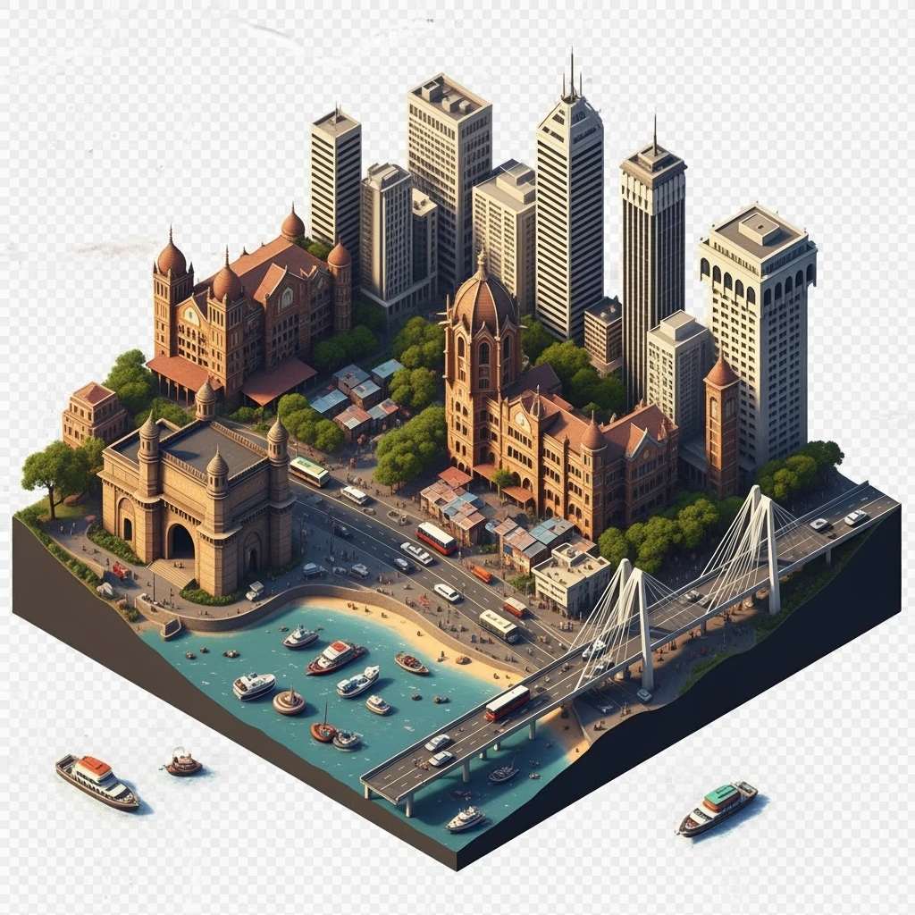 Isometric miniature of Mumbai region 3D miniature effect and Tilt Shift effect, no cartoonish look, transparent background. emoji
