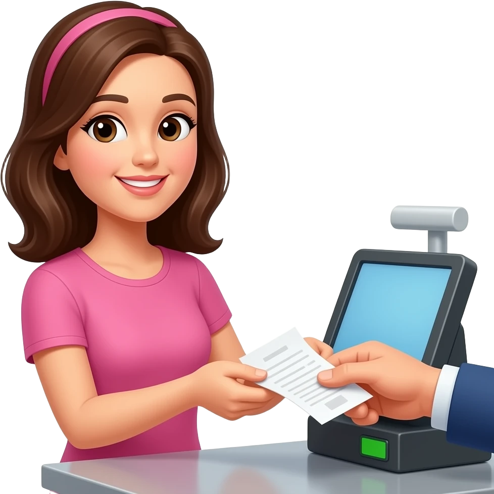 a woman gets a receipt from a cashier  at the checkout emoji