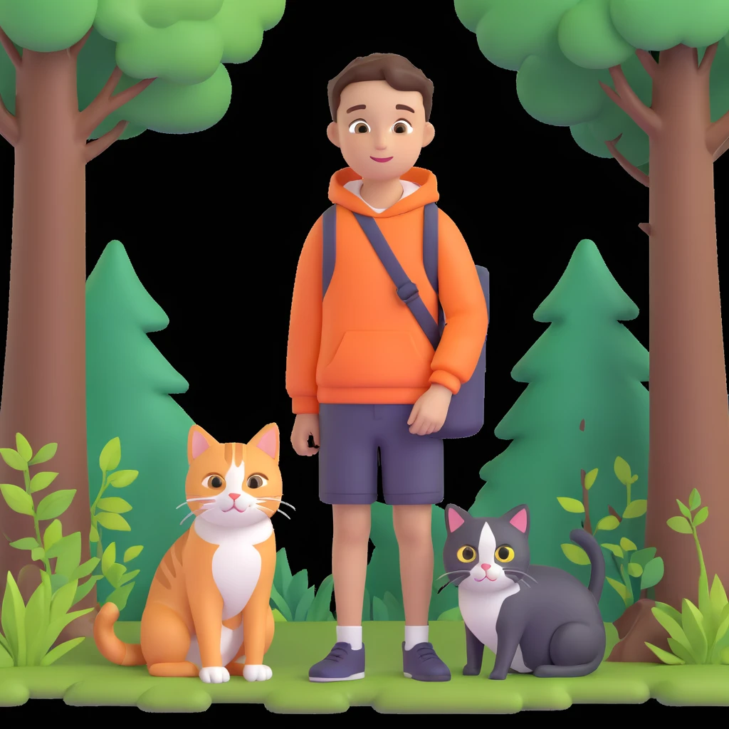 boy and cat pet in forrest background, close up pose emoji