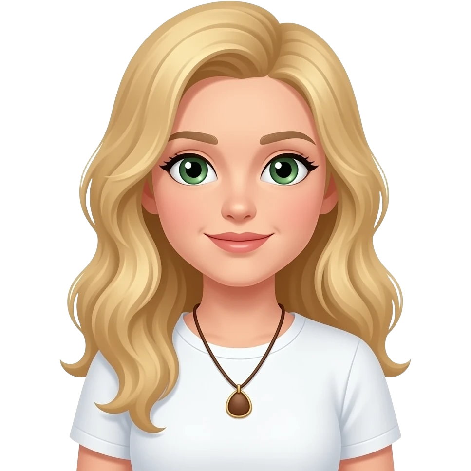 long blonde layered a little curl hair green eyes wearing white T-shirt, brown necklace emoji