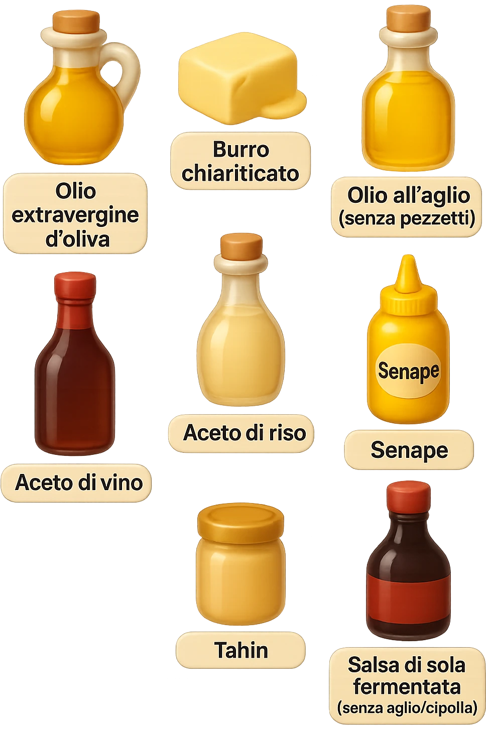 emoji stile iphone 3d di questi elementi che fluttuano in aria sparsi casualmente:

Olio extravergine d’oliva, burro chiarificato
Olio all’aglio (senza pezzetti)
Aceto di vino, aceto di riso, senape, tahin
Salsa di soia fermentata (senza aglio/cipolla)


 che fluttuano sparse casualmente in aria, le etichette dei prodotti scrivile in italiano, iperealistico 4k emoji