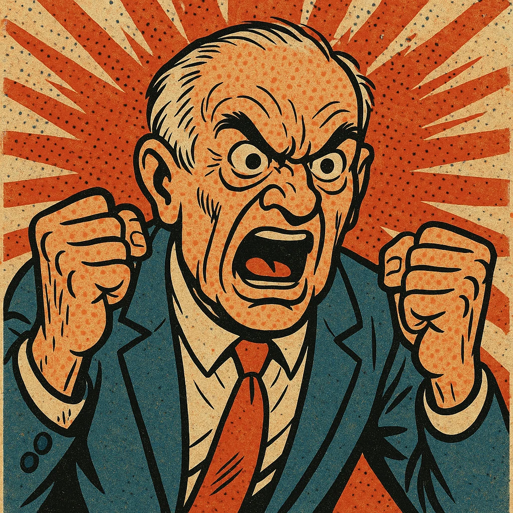 angry old man, exaggerated features, clenched fists, comic book style emoji