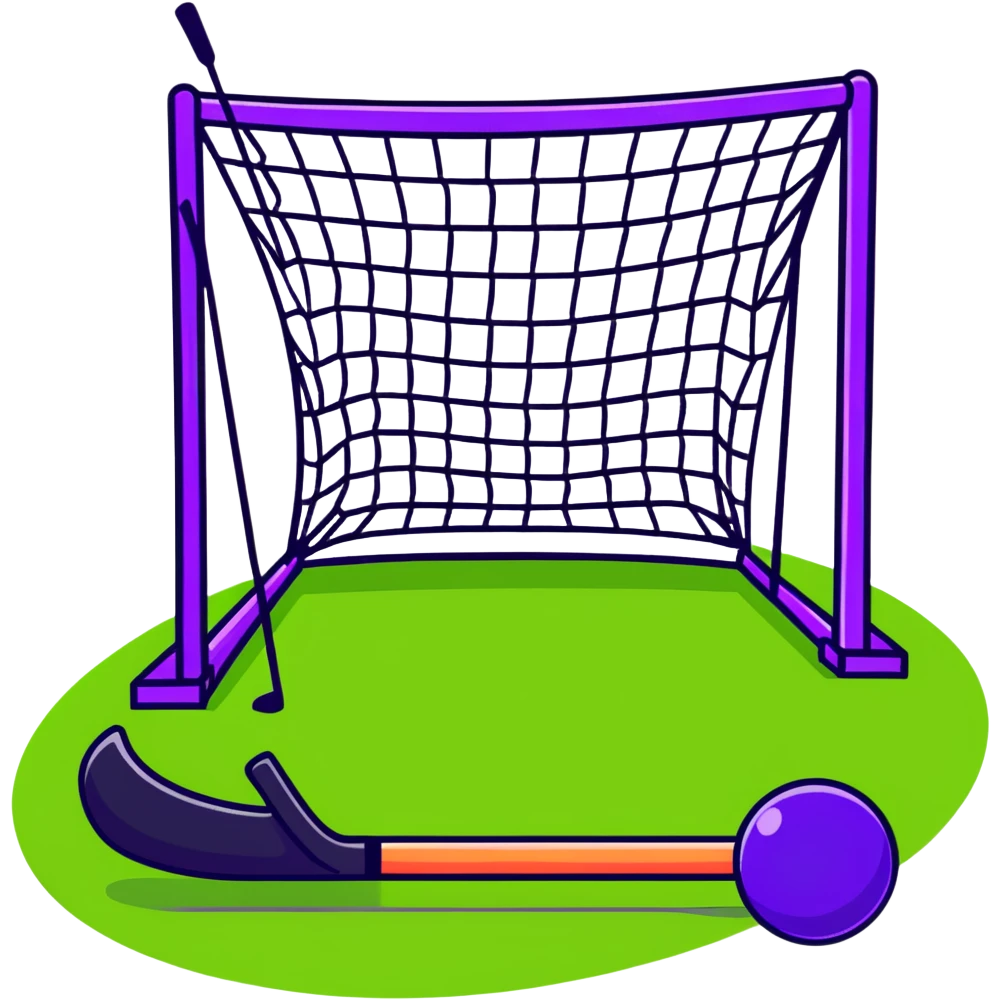 field hockey stick and ball on vibrant green grass field with goalposts emoji