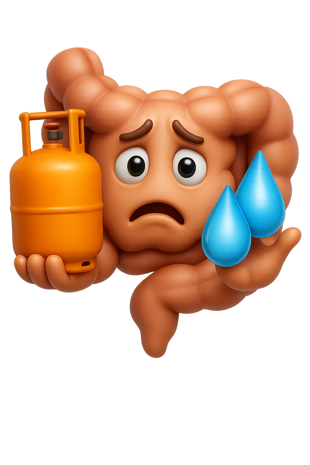 EMOJI STILE IPHONE DI un'intestino preoccupato che ha una bombola di gas in mano e due gocce di acqua in 3d nell'altra mano, IPERREALISTICO 4K emoji
