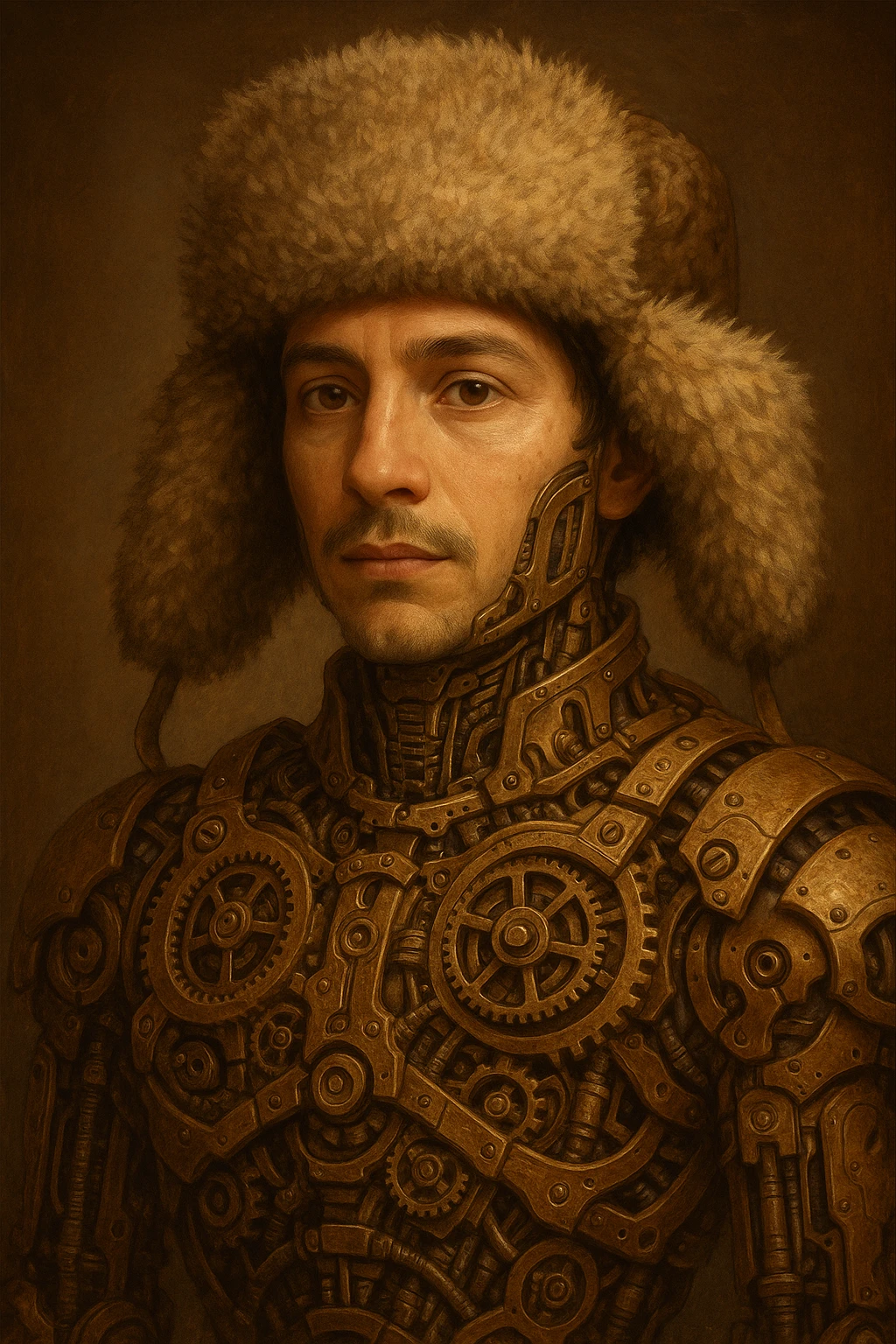 Stylized portrait of Mateo with a mechanical body and a fur shapka hat, artistic and detailed emoji