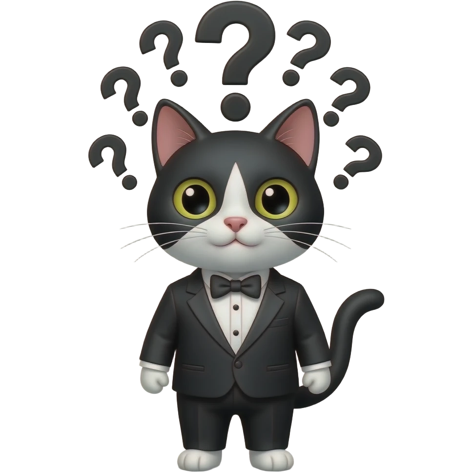 tuxedo cat with lots of question marks above its head emoji