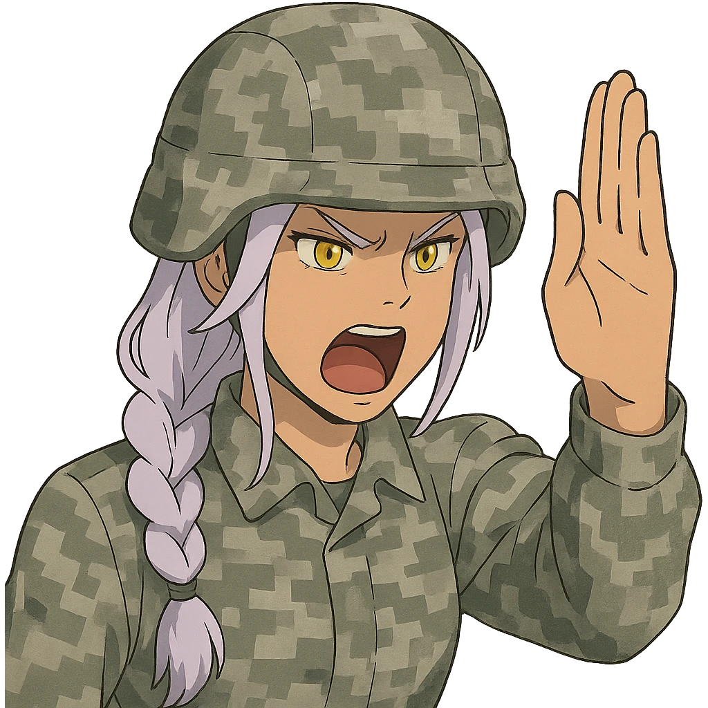 Style of Anime, 1 female, gold yellow eyes, white hair lavender tips, locks in front, mohawk, long white braid, she is a drill sergeant at work, focused facial expression, shouting command, eyes looking down in front of her, a blade hand  vertical palm gesture "to the forward" direction, uniform of gray large scale digital camo. her head is covered with a PAGS style wrapped ballistic helmet emoji