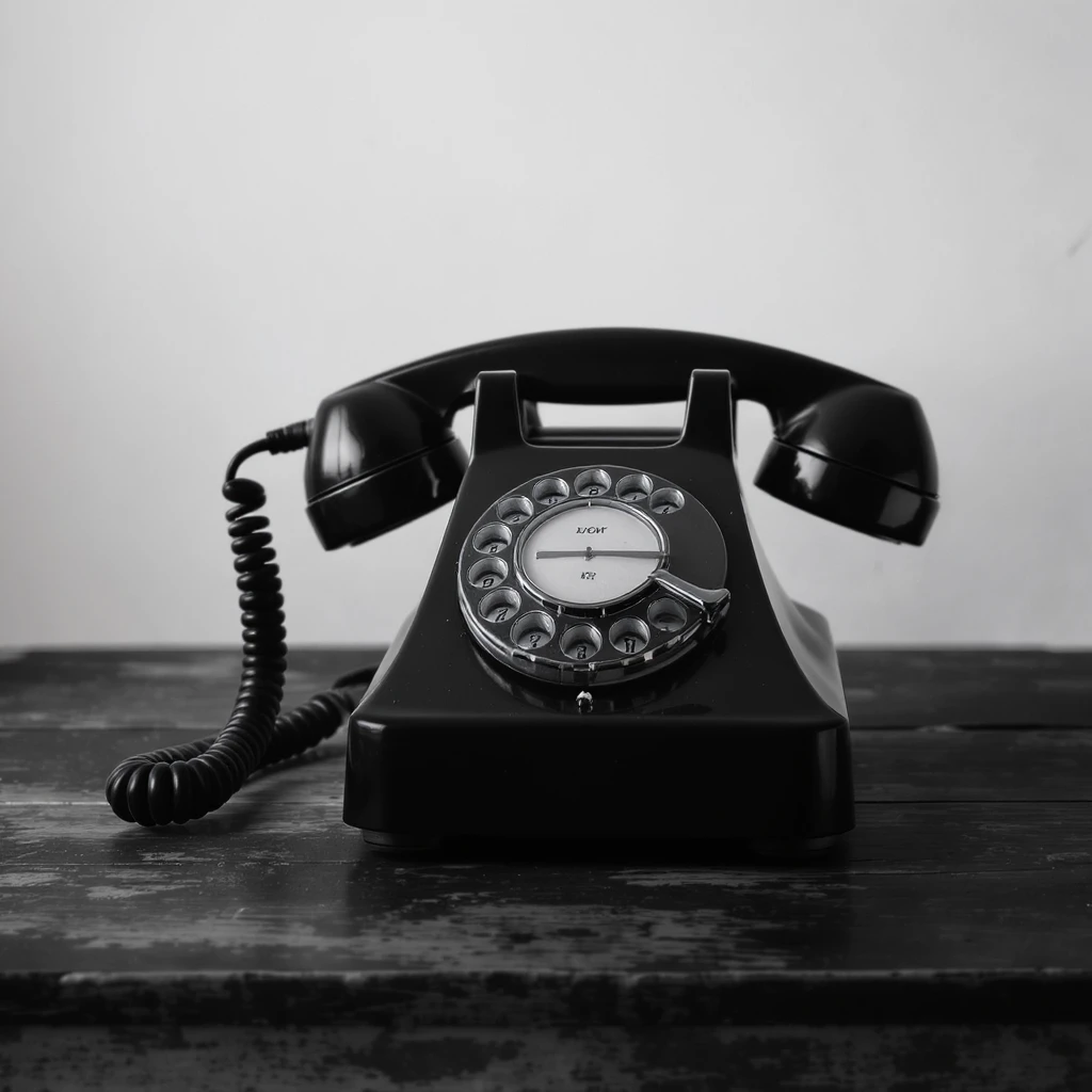 A 1940s-style phone, black and white, rotary dial, vintage design, detailed, realistic. emoji