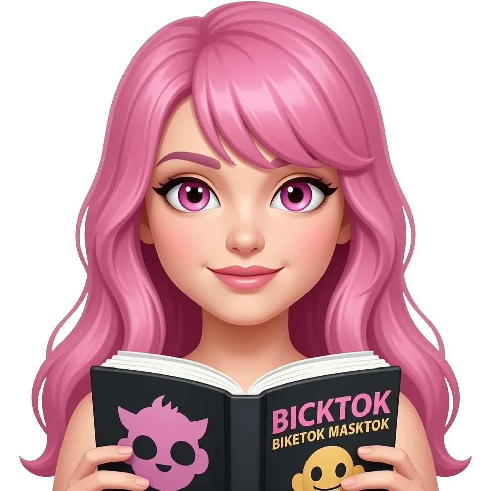 sexy girl with long pink hair and pink eyes holding a BOOKTOK BIKETOK MASKTOK emoji