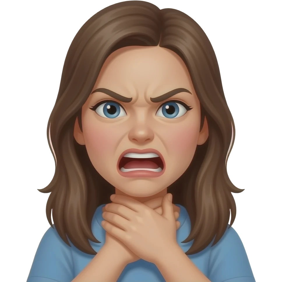 Girl choking herself with both hands, angry, mouth open expression emoji