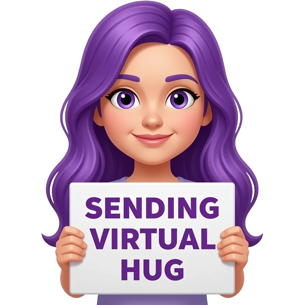 girl with long purple hair with a SENDING VIRTUAL HUG sign emoji