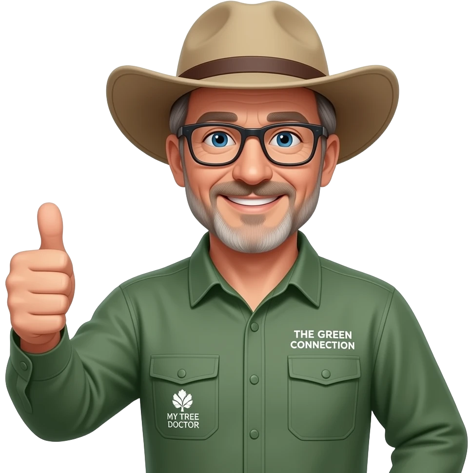 wide-smiling middle-aged man blue eyes. Dark rectangle glasses, green-collared, long-sleeve shirt, thumbs up.  Wide-brim Australian Akubru hat.  Insert 'THE GREEN CONNECTION' in white directly onto the right side pocket & 'MY TREE DOCTOR' onto the left side pocket emoji