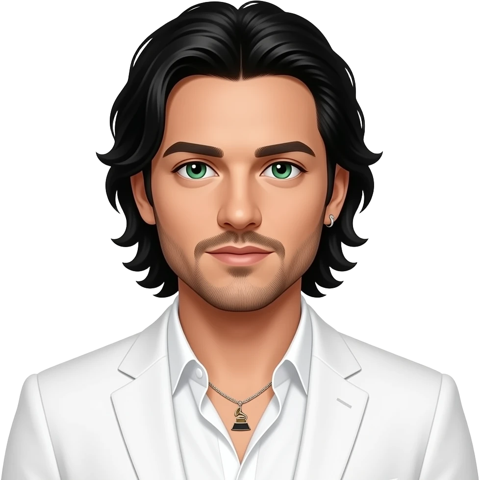 Kevin Richardson from Backstreet Boys with green eyes, long black hair and thin mustache, white grammy shirt and white suit jacket, necklace and one earring emoji