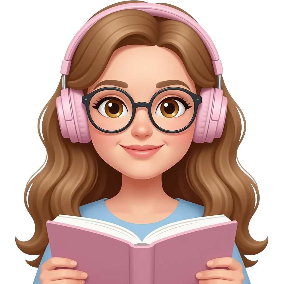 detailed emoji illustration of a curvy woman with long light brown wavy hair, light brown eyes and round glasses reading a book while wearing headphones pastel pink without any cable, calm focused vibe, cute emoji style emoji