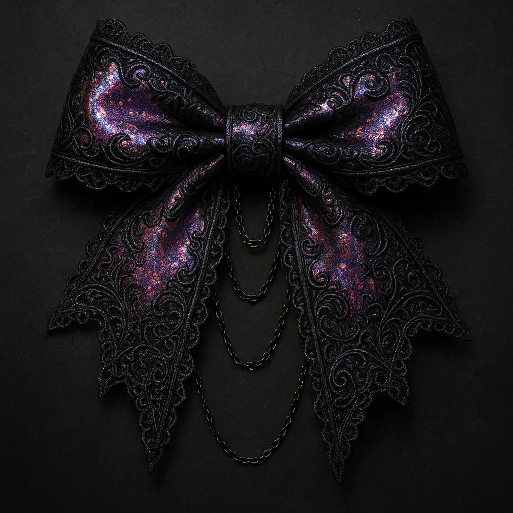gothic lolita bow, ornate lace, holographic pink and black, delicate chains, Victorian influence, holographic effect emoji