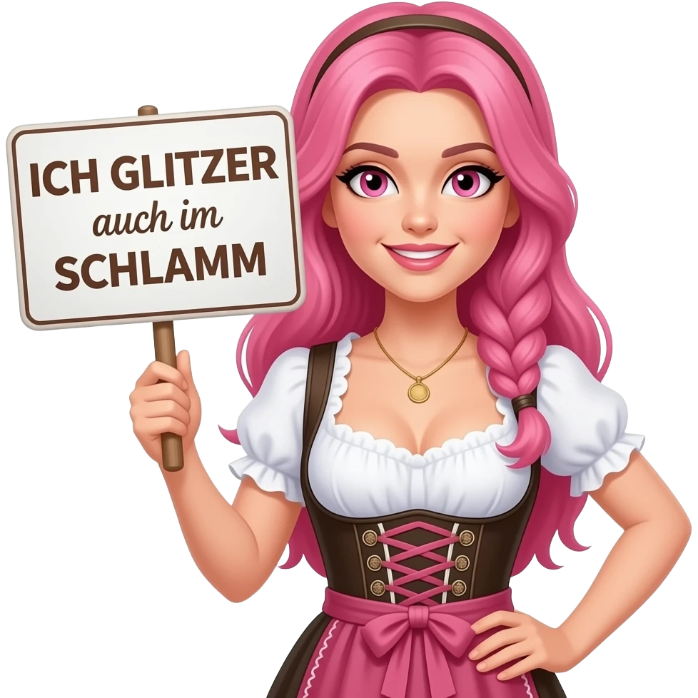sexy girl with long pink hair and pink eyes wearing a dirndl holding a ICH GLITZER auch im SCHLAMM sign emoji