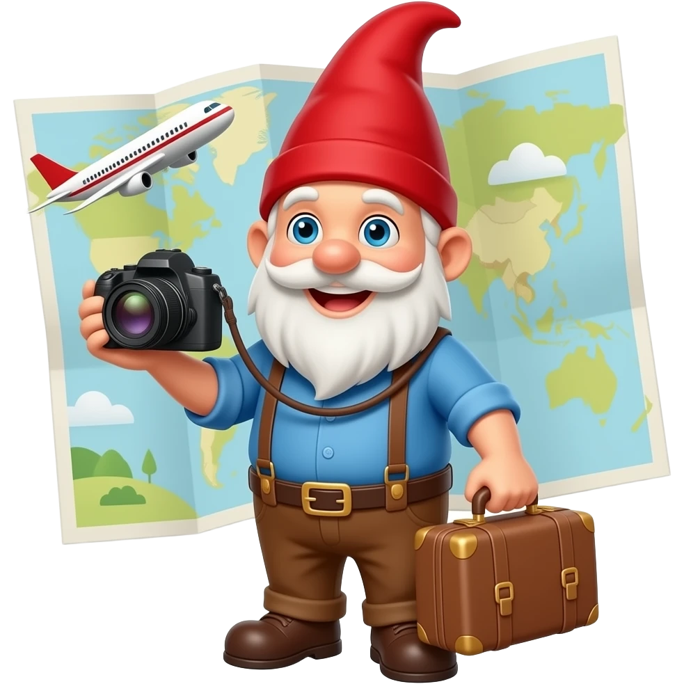 A smiling traveling Gnome with a camera, carrying a suitcase, wearing brown pants has a white beard , blue eye, blue shirt and a red pointed hair, suspenders a map and plane in the background emoji