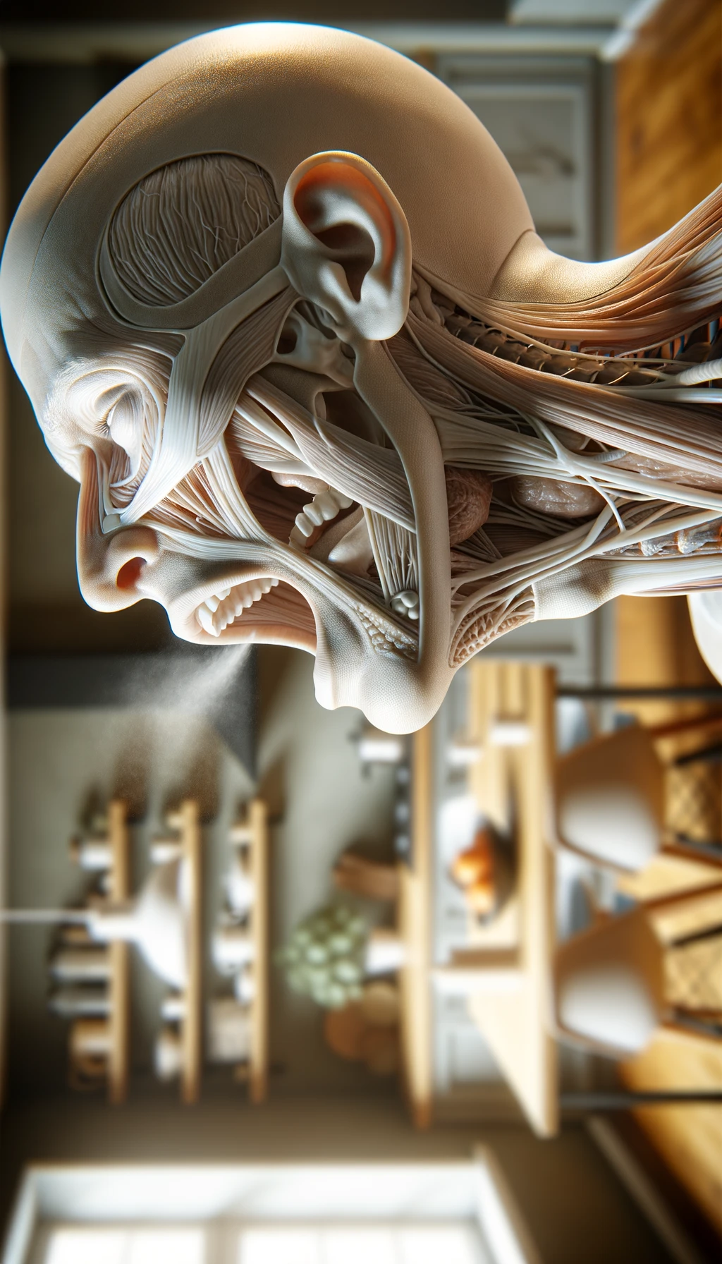 corpo umano anatomico che prende un forte respiro con la bocca tutta aperta, sfondo  della sua cucina sfocata in sottofondo, iperrealistico 4k emoji