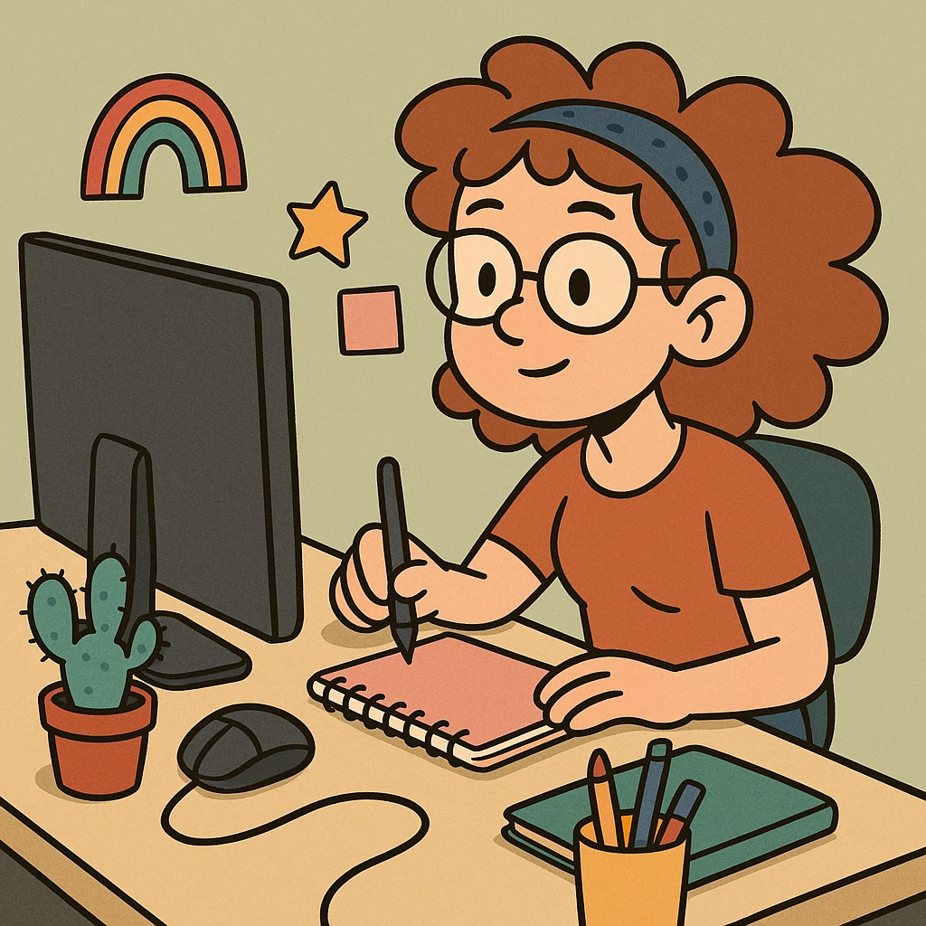 a setup with a computer, a mouse, a pen, and a notebook, creative desk, colorful accessories, artistic vibe emoji