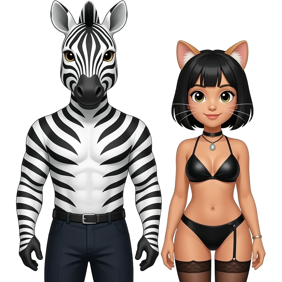 zebra cosplay korean guy(only cosplay, he has human head and no mask) is teasing cat cosplay filipina girl. she has short black hairs and light brown skin. and he has black short hairs and white skin. they are also wearing sexy hot clothes emoji