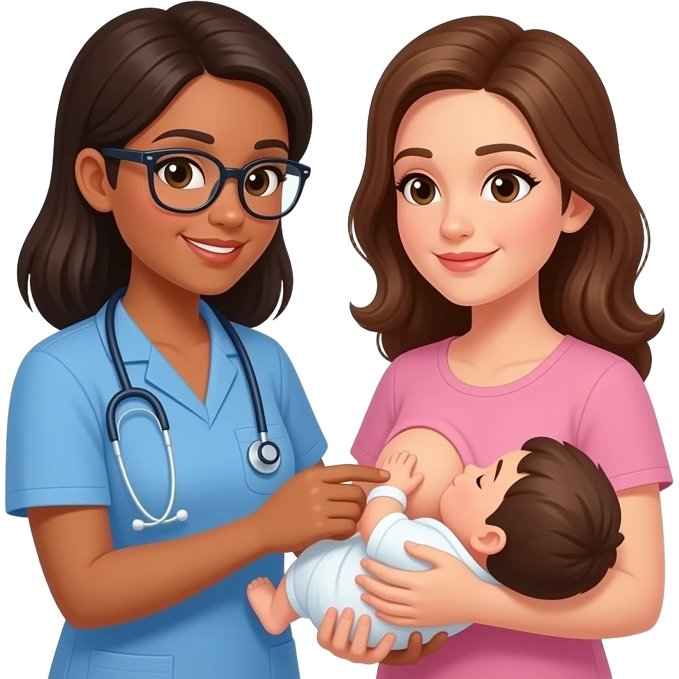 consejera de lactancia vestida con un  ambo ayudando a otra mujer a amamantar emoji