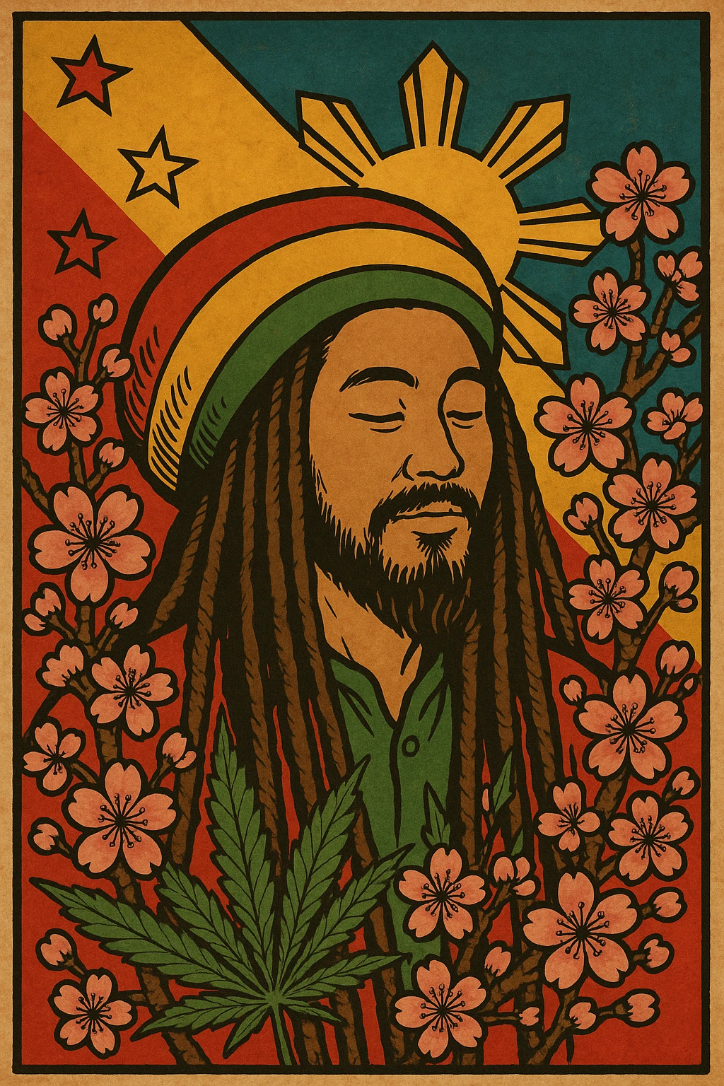 Vintage poster of an Asian Rasta with long dreadlocks, peaceful eyes, and a red-gold-green tam. Surrounded by cherry blossoms and ganja leaves. Background blends Rasta colors into an Asian flag (e.g., red sun from Japan or Chinese star). Retro reggae fusion vibe, with bold lines and aged paper texture. Philippines 
 emoji