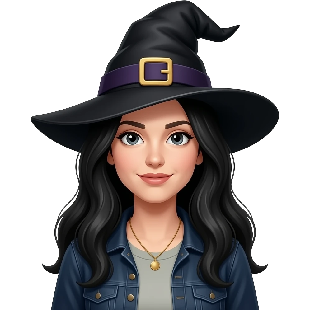 Faça uma mulher de cabelos longos pretos como feiticeira  com roupas comuns emoji