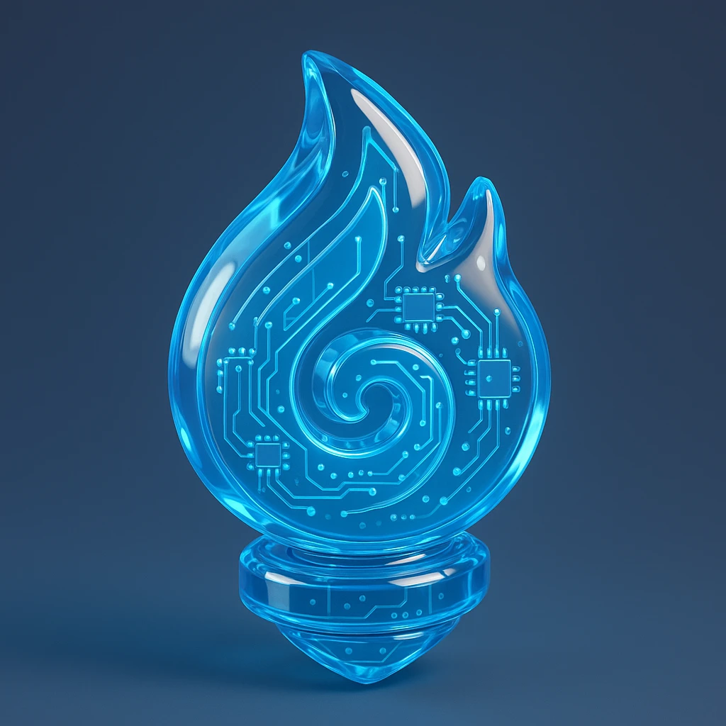a stylized blue spiral flame, glowing, with glossy circuit board elements emoji