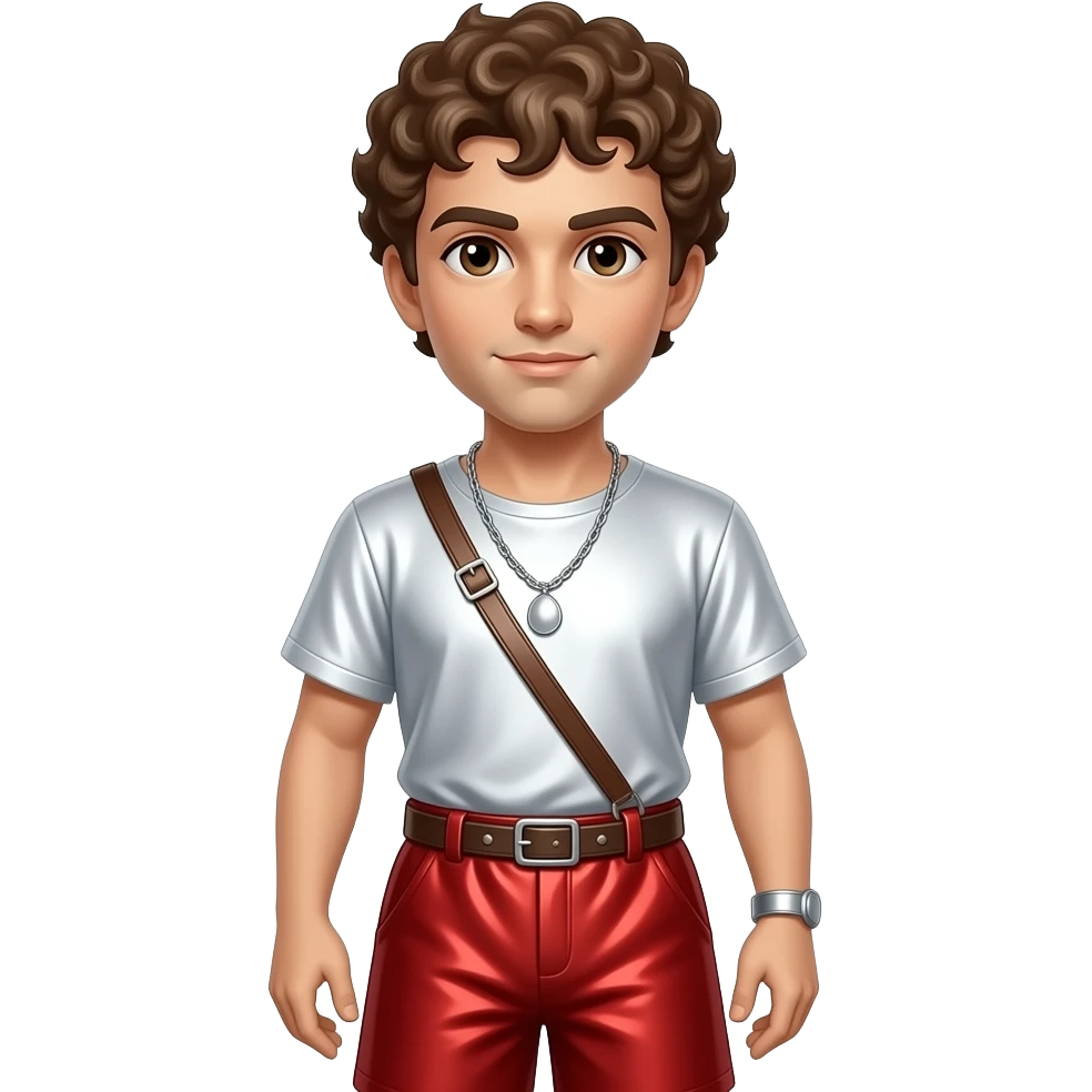 Mark Antony with brown eyes, brown curly hair, white metallic shirt, red metallic baggy pants, silver necklace emoji
