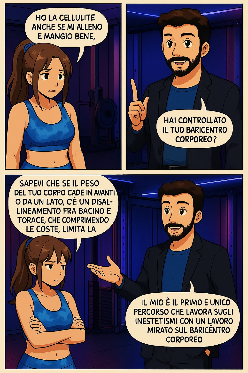 PRENDI SPUNTO DA QUESTO STILE FACENDO UN WEBTOON/MANGA:

LEI: Ho la cellulite anche se mi alleno e mangio bene, cosa posso fare?

LUI: Hai controllato il tuo baricentro corporeo?
LUI: Sapevi che se il peso del tuo corpo cade in avanti o da un lato, c’è un disallineamento fra bacino e torace, che comprimendo le coste, limita la motilità del diaframma e l’ossigenazione dei tessuti?
LUI: Il mio è il primo e unico percorso che lavora sugli inestetismi con un lavoro mirato sul baricentro corporeo. emoji