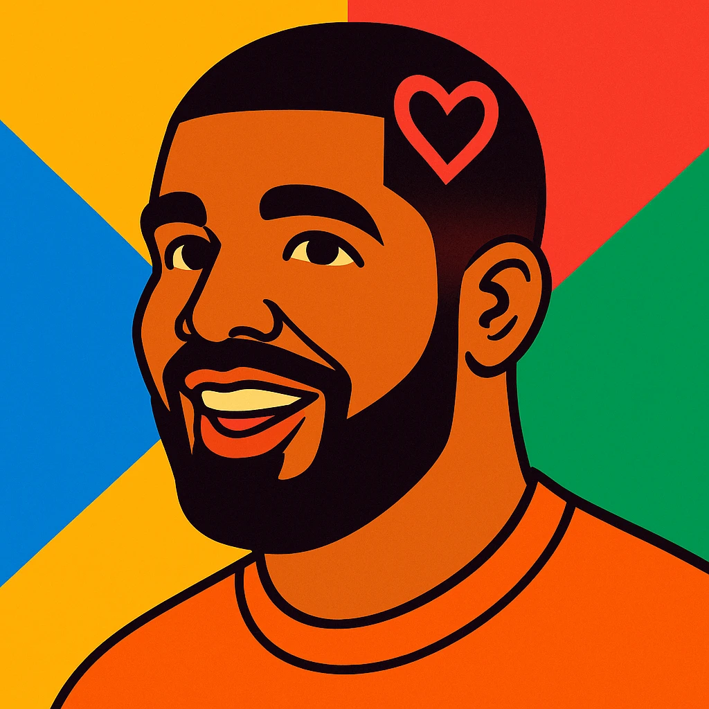 Drake's head with a heart design in his hair, vibrant toon style, colorful, expressive emoji