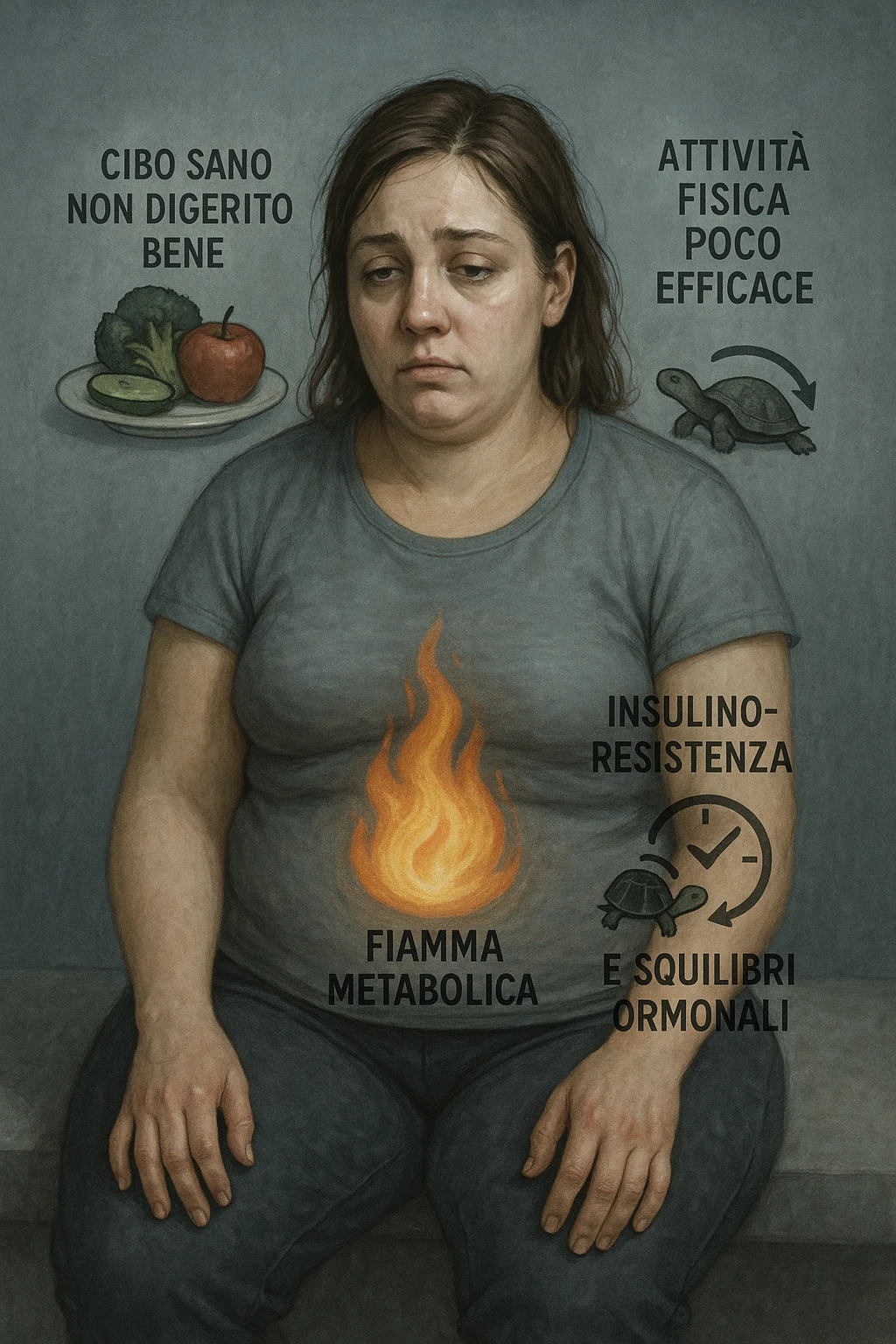 Donna tra i 25 e i 35 anni con fisico leggermente gonfio e postura affaticata, seduta con sguardo stanco. In trasparenza sul suo corpo, si vedono elementi simbolici: una fiamma metabolica molto piccola nel centro dell’addome, una tartaruga accanto a un simbolo di orologio rallentato, indicatori visivi di insulino-resistenza e squilibri ormonali. Intorno a lei: cibo sano non digerito bene, attività fisica poco efficace. Colori spenti attorno al corpo, con toni freddi e lentezza visiva. Stile realistico con elementi infografici e simbolici integrati IN ITALIANO emoji