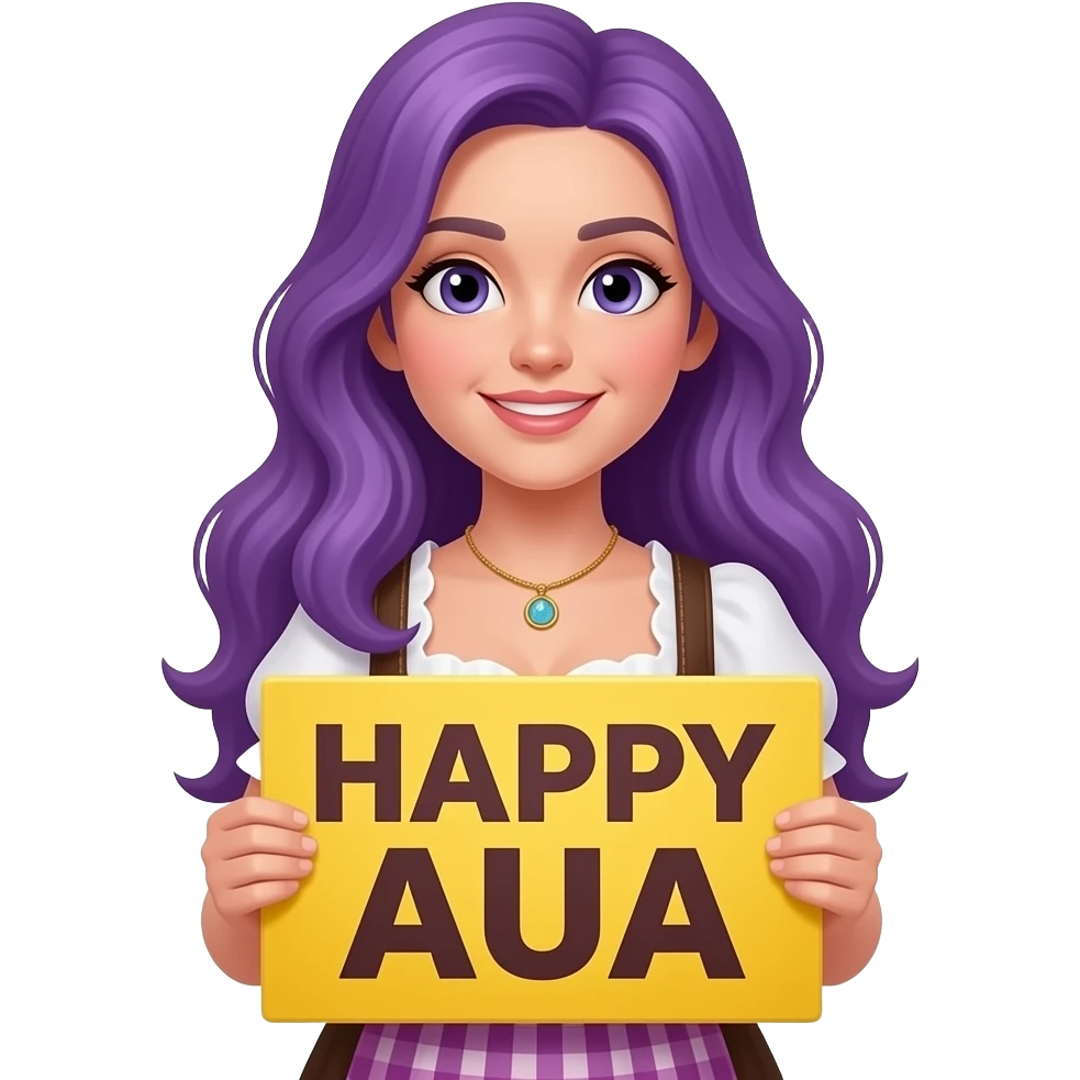 girl with long purple hair wearing a dirndl holding a HAPPY AUA sign emoji