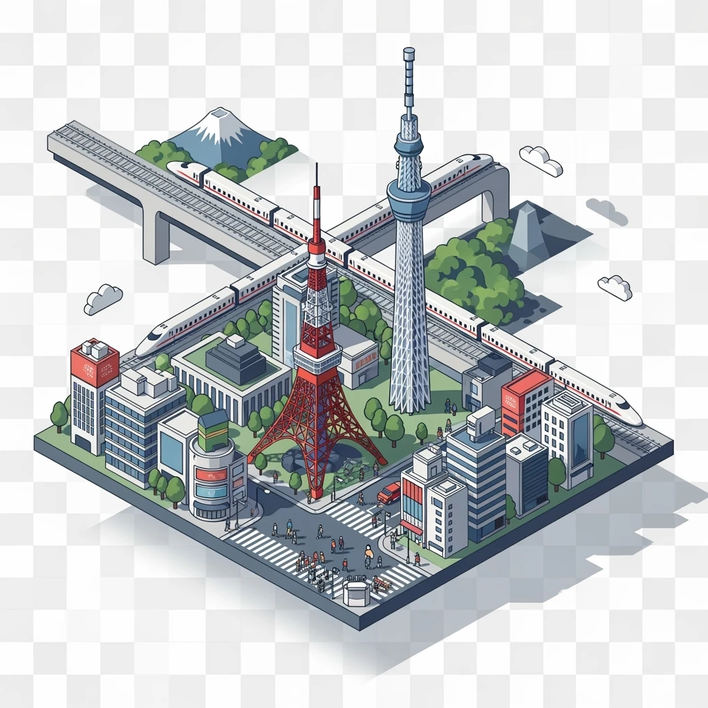 Isometric minimalistic illustration of Tokyo, with Tokyo Tower, Skytree, Shibuya Crossing, Mount Fuji in background, high-speed trains, subtle 3D miniature effect and Tilt Shift effect, no cartoonish look, transparent background. emoji