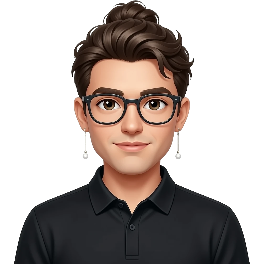 Men with a Messy bun and glasses, long earing with white pearl and black polo emoji