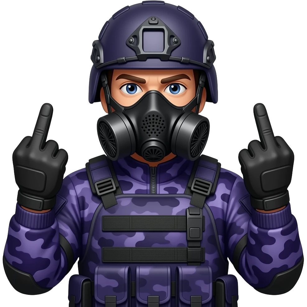 Man with two middle fingers in dark purple camoflage tactical gear helmet full face dark purple gasmask emoji