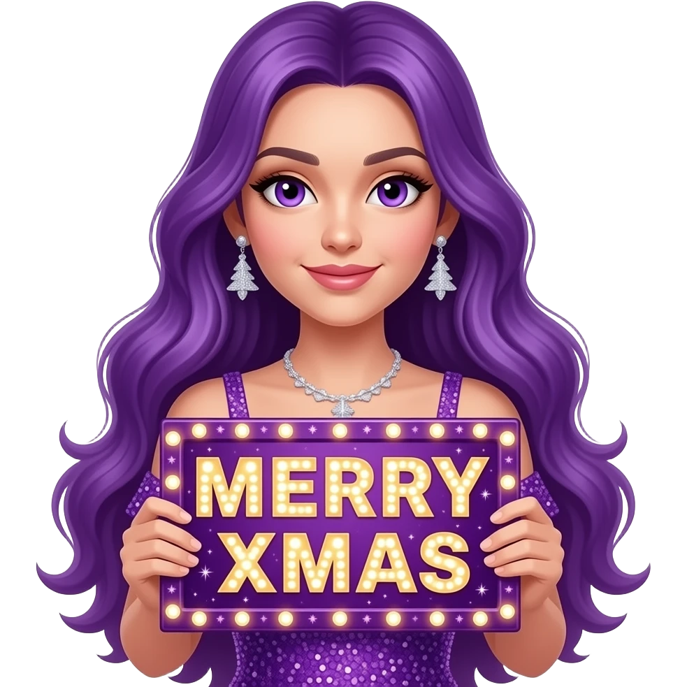 sexy girl with long purple hair and purple eyes wearing a christmas dressholding a MERRY XMAS sign emoji