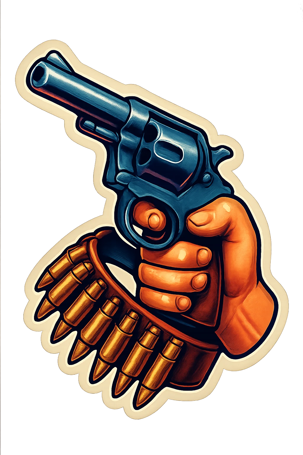 male hand holding a revolver with a bullet belt, retro stickers style, sharp black outlines, expressive shadows and highlights, no gradients, only sharp color transitions emoji