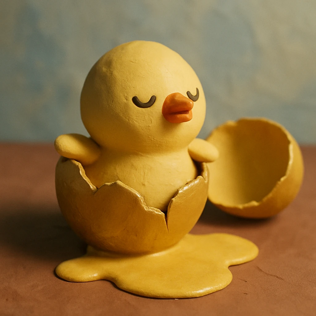 A golden broken egg in claymation style with a small chick coming out, matte texture with visible fingerprints, pastel colors. emoji
