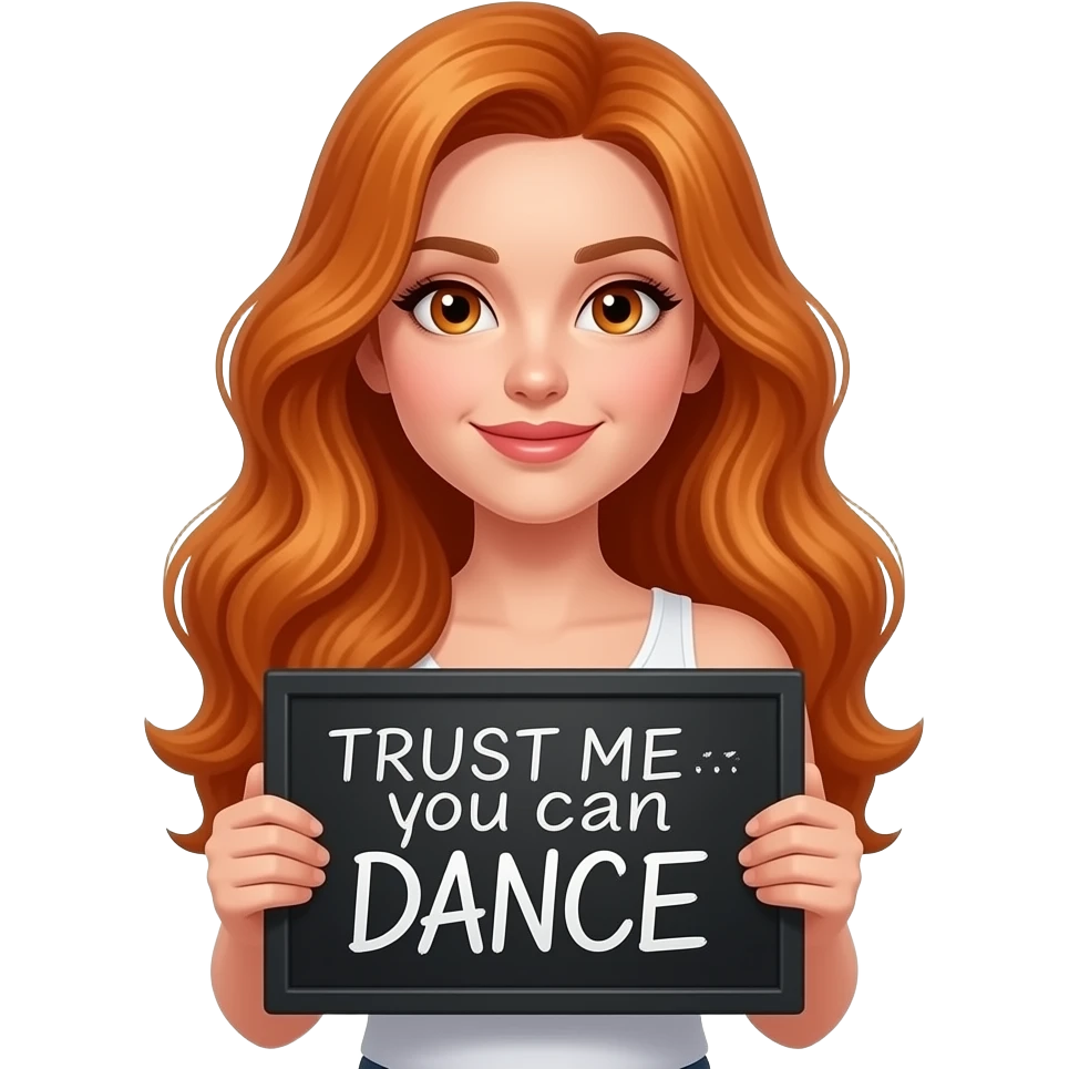 sexy girl with long wavy ginger hair and ginger eyes wearing a white tanktop is holding a black colored sign with TRUST ME... you can DANCE written on it emoji