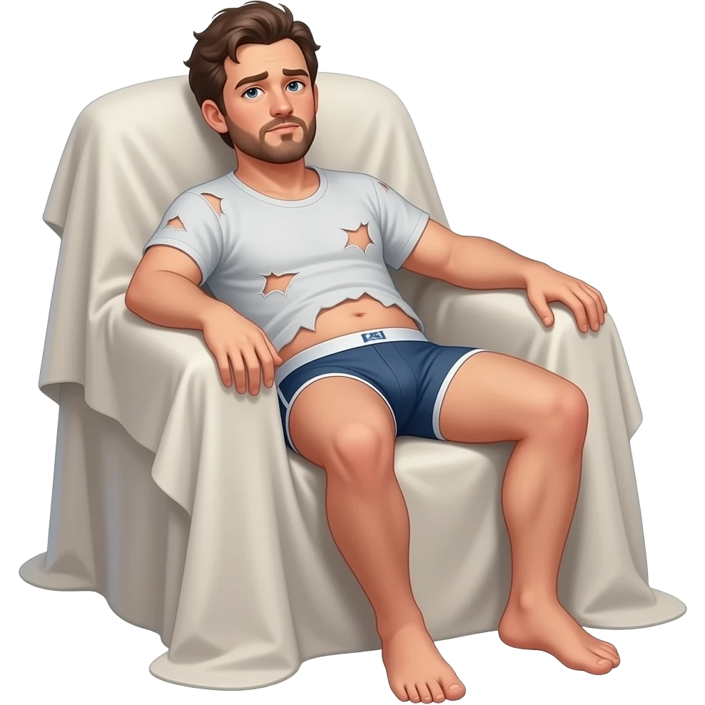 Erstelle ein emoji von einem ungepflegten Mann in tangtop und Unterhose faulenzen im Sessel, das Zimmer oder der Sessel ist verhüllt emoji