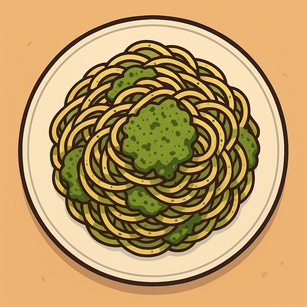 spaghetti with green pesto, appetizing, top-down view, vibrant colors emoji