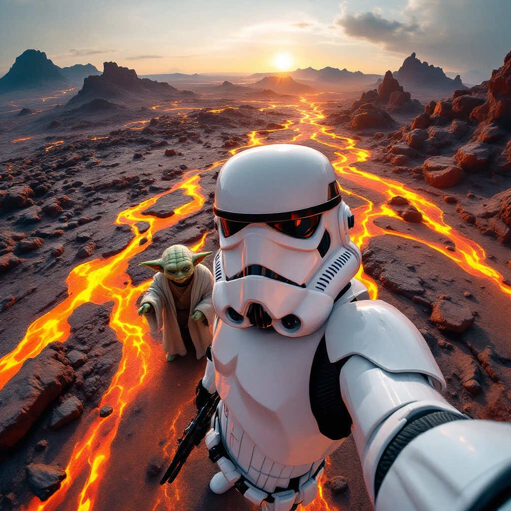 Camera POV, Starwars stormtroopers vlogging selfie, he is walking on lava planet with yoda emoji