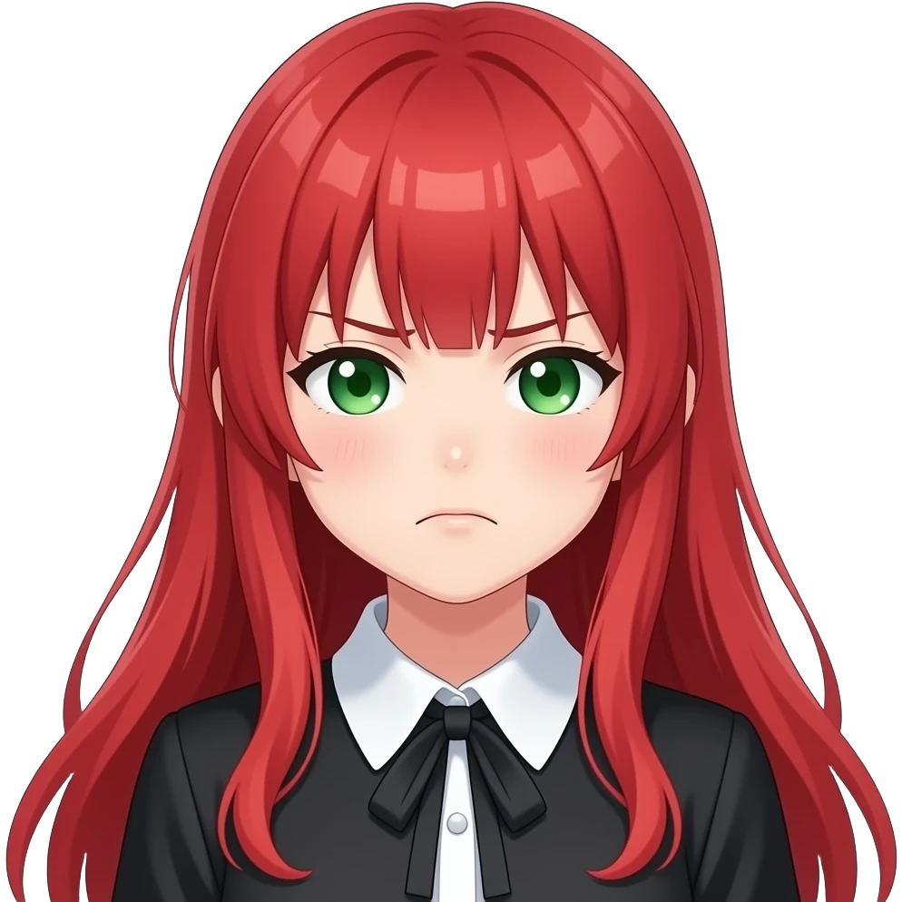 anime eyes closed and frowning long red hair green eyes black blouse with white collar emoji