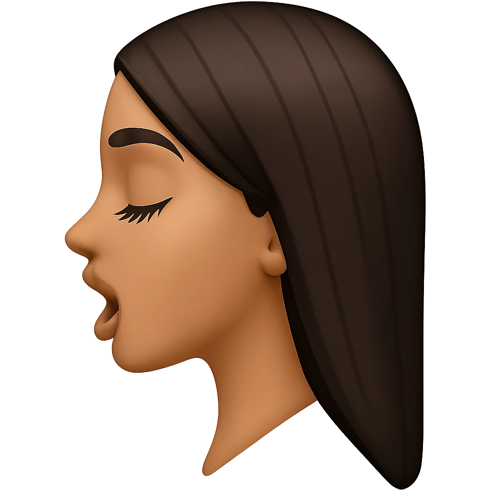 Create a side view (profile) of this woman's head in the normal iPhone emoji style, with closed eyes, long eyelashes, an open mouth, smooth shading, no outlines, and long dark hair. This is variant 4. The style should mimic the iPhone emoji style with smooth shading and no outlines. emoji