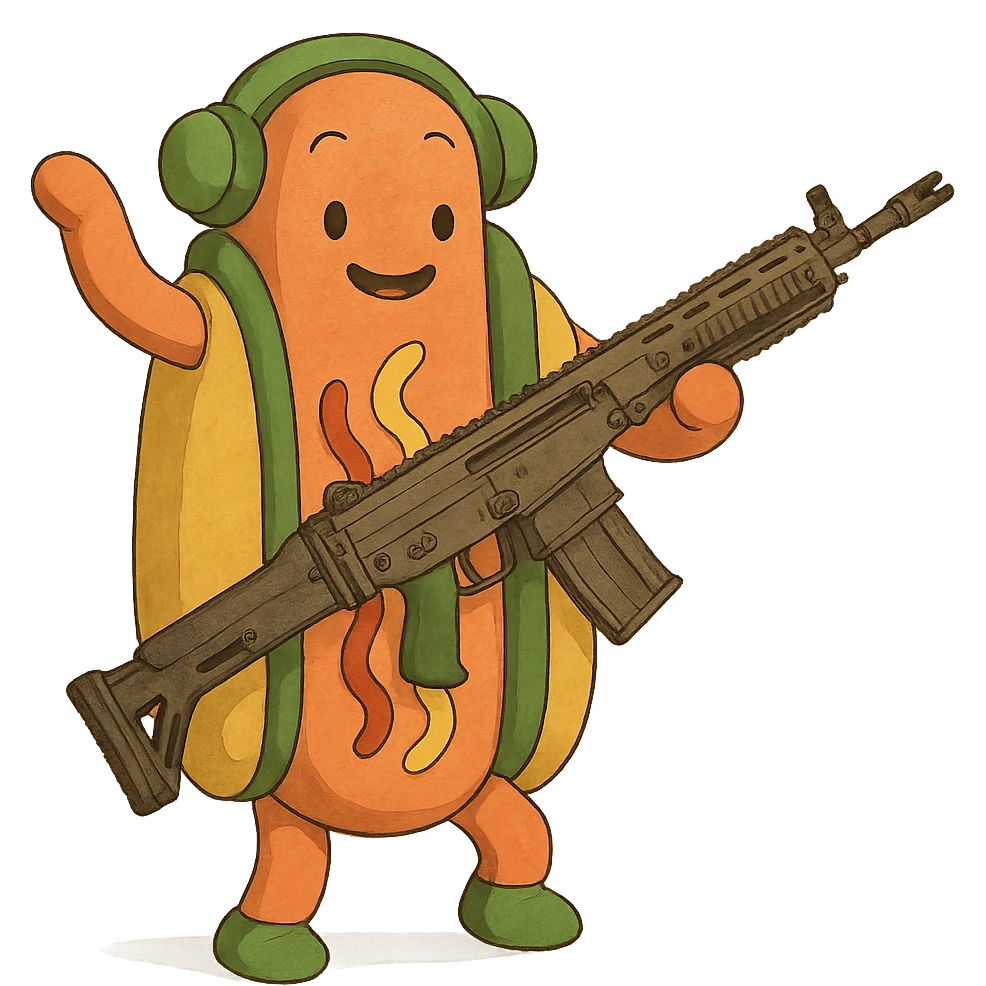 The tiktok dancing hotdog, except he has a scar12 battle rifle  emoji