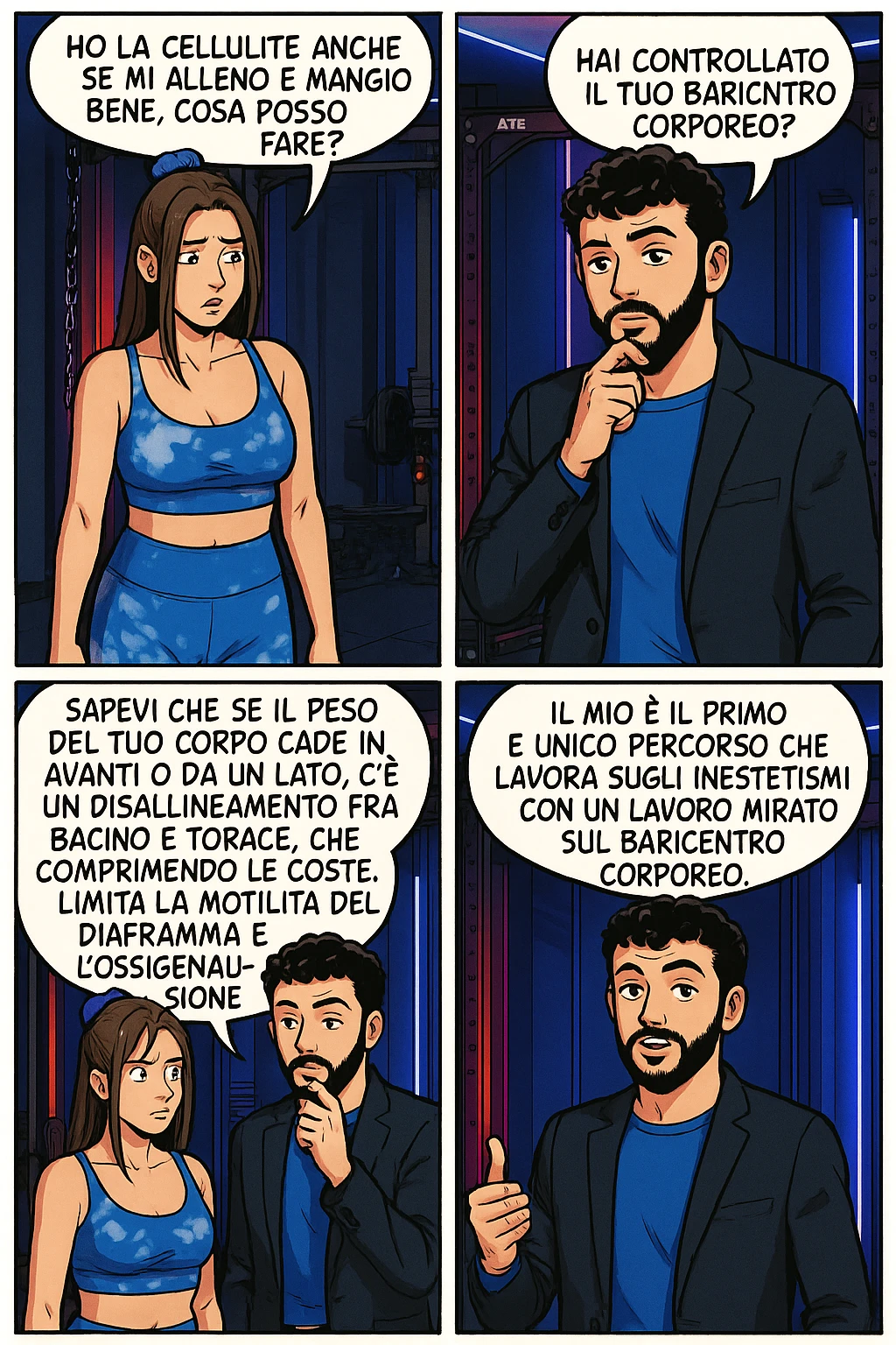TRASFORMA QUESTO CAROSELLO IN UN FUMETTO STILE MANGA A COLORI CON QUESTE DUE PERSONE IDENTICHE CHE INTERLOQUISCONO TRA LORO:

LEI: Ho la cellulite anche se mi alleno e mangio bene, cosa posso fare?

LUI: Hai controllato il tuo baricentro corporeo?
LUI: Sapevi che se il peso del tuo corpo cade in avanti o da un lato, c’è un disallineamento fra bacino e torace, che comprimendo le coste, limita la motilità del diaframma e l’ossigenazione dei tessuti?
LUI: Il mio è il primo e unico percorso che lavora sugli inestetismi con un lavoro mirato sul baricentro corporeo. emoji