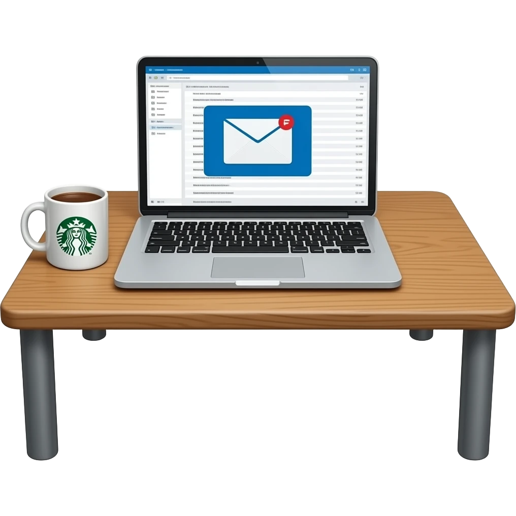 PLEASE CREATE OPEN LAPTOP WITH EMAILS ON THE SCREEN WITH STARBUCKS CUP ON TABLE NEXT TO LAPTOP emoji