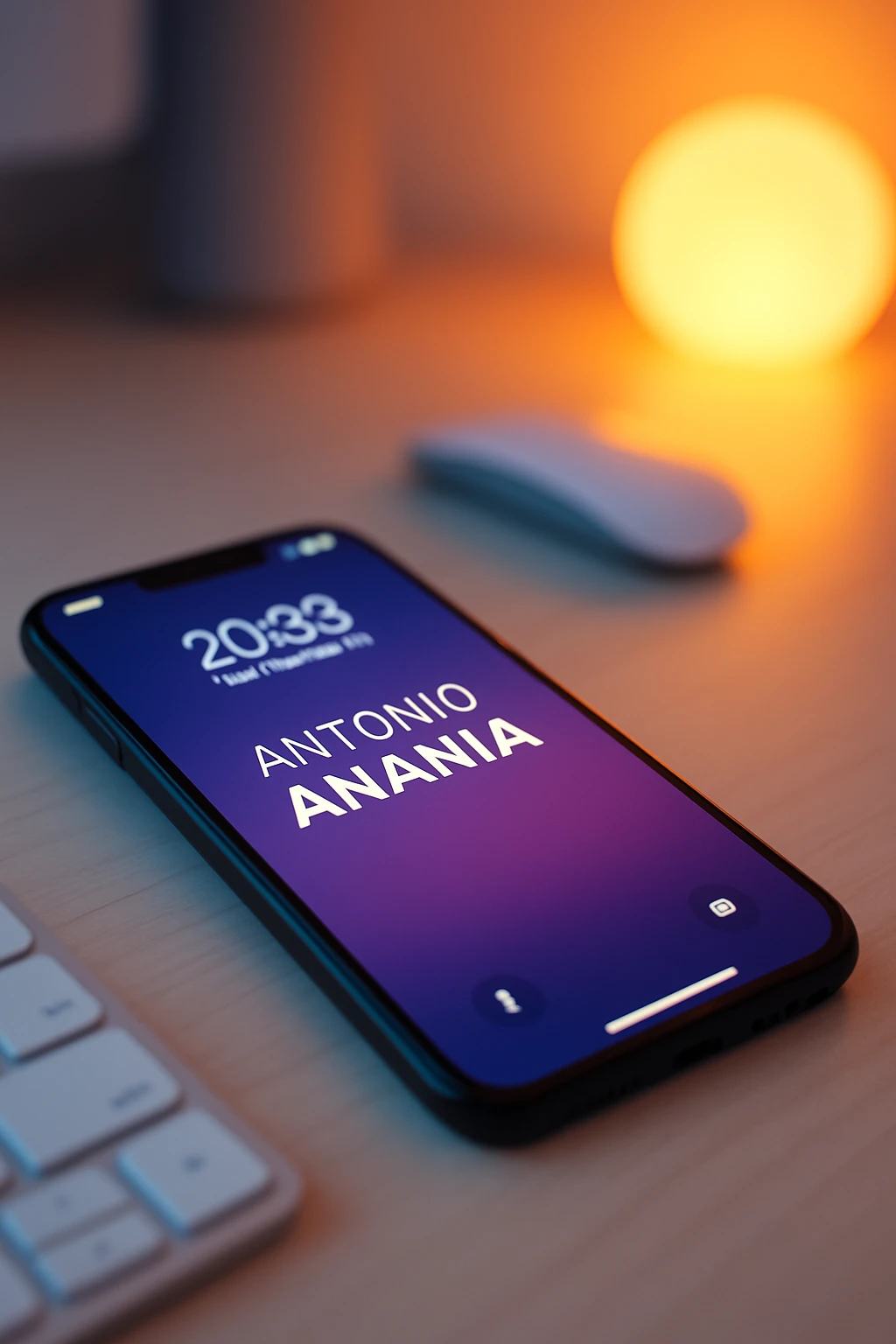 A photo of an iPhone on the desk with the message "Antonio Anania" on its screen, The phone sits atop a desk with a blurred background that suggests work environment. A faint glow from above casts gentle shadows across the surface of each object, creating depth and highlighting their textures emoji